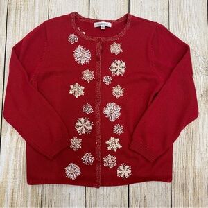 Coldwater Creek Long Sleeve Knit Button Down Cardigan with Beaded Snowflakes